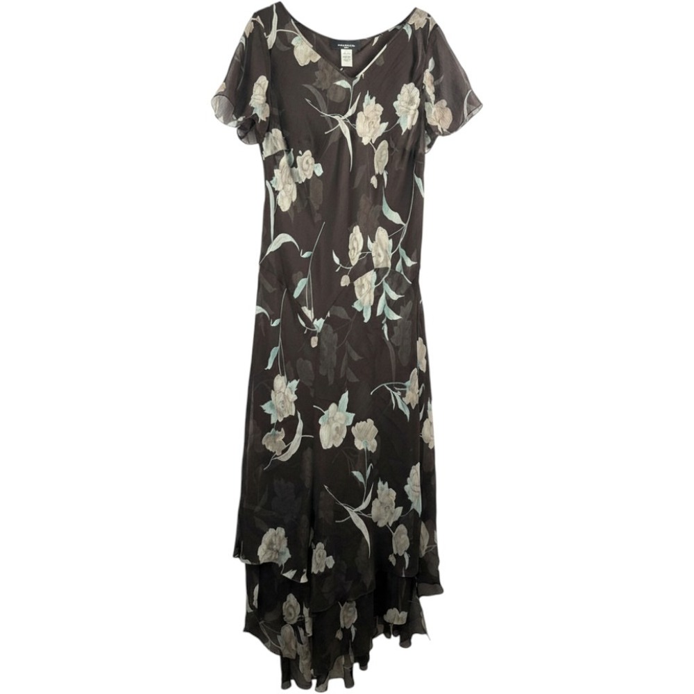 VTG Jones New York Dress silk 18W Brown Floral Silk fairy Cottagecore 90s